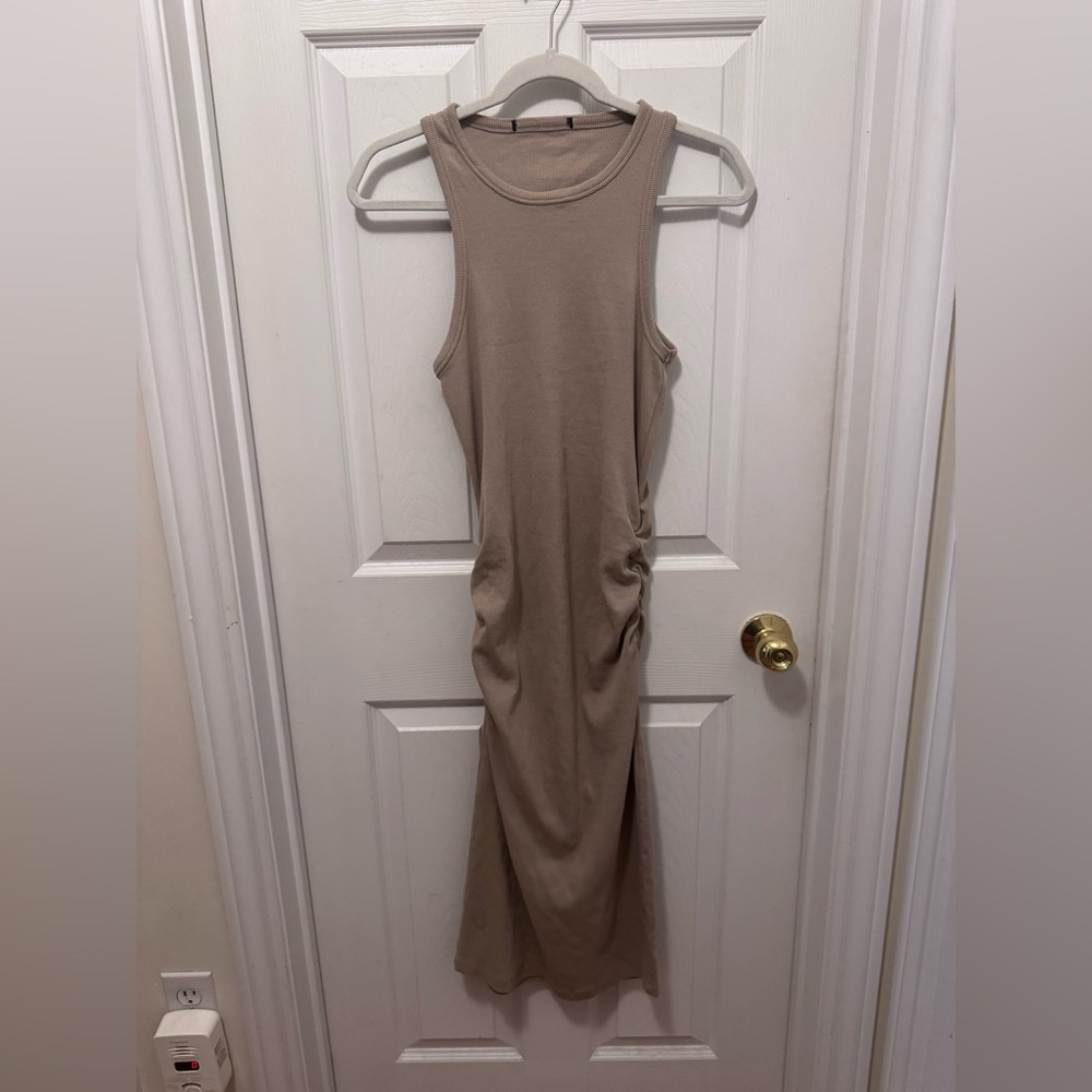 Urban Planet Sleeveless Tan Ribbed Body Con Midi Dress with Scrunched Sides
